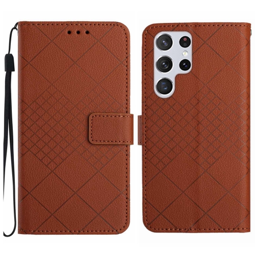

For Samsung Galaxy S22 Ultra 5G Rhombic Grid Texture Leather Phone Case(Brown)