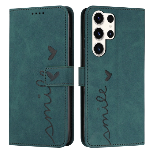 

ForSamsung Galaxy S24 Ultra Skin Feel Heart Embossed Leather Phone Case with Long Lanyard(Green)