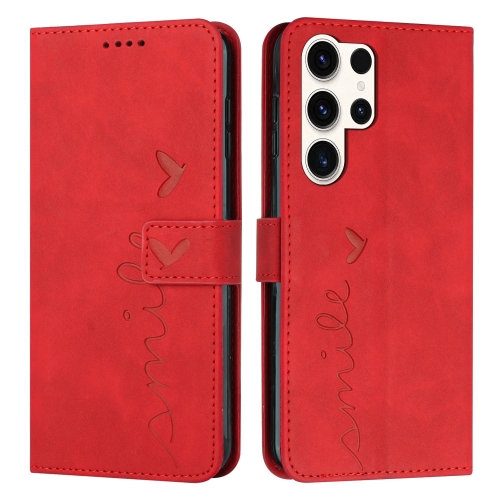 

ForSamsung Galaxy S24 Ultra Skin Feel Heart Embossed Leather Phone Case with Long Lanyard(Red)