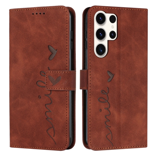 

ForSamsung Galaxy S24 Ultra Skin Feel Heart Embossed Leather Phone Case with Long Lanyard(Brown)