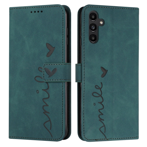 

For Samsung Galaxy A35 Skin Feel Heart Embossed Leather Phone Case with Long Lanyard(Green)