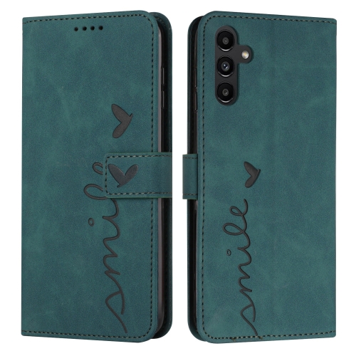 

For Samsung Galaxy M15 / F15 Skin Feel Heart Embossed Leather Phone Case with Long Lanyard(Green)