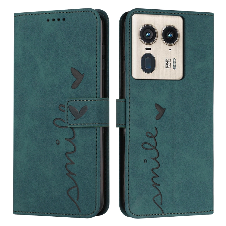 

For Motorola Edge 50 Ultra Skin Feel Heart Embossed Leather Phone Case with Long Lanyard(Green)