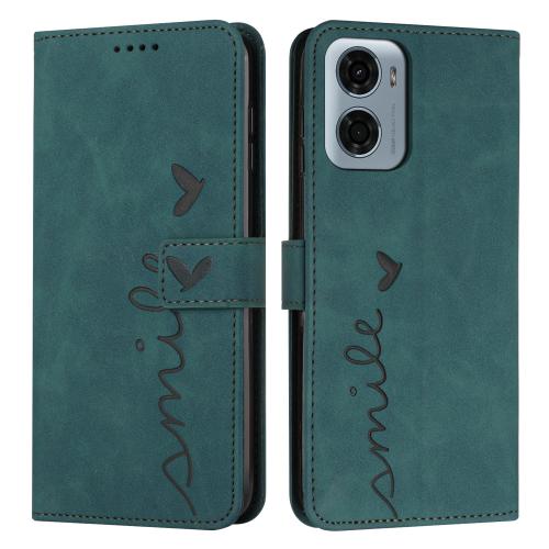 For Motorola Moto G05 Skin Feel Heart Embossed Leather Phone Case with Long Lanyard(Green)