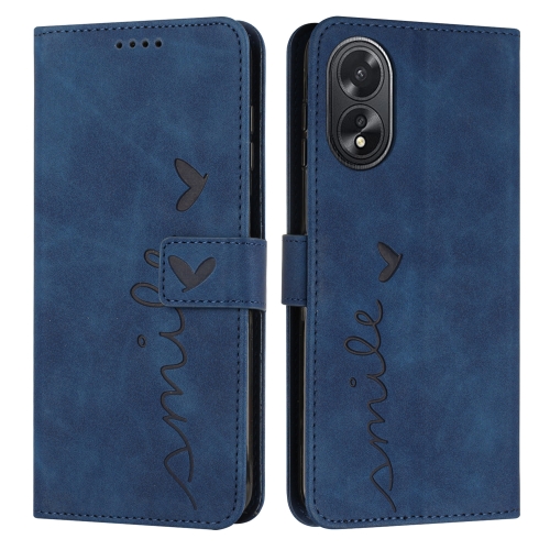 

For OPPO A38 / Oppo A18 Skin Feel Heart Embossed Leather Phone Case with Long Lanyard(Blue)