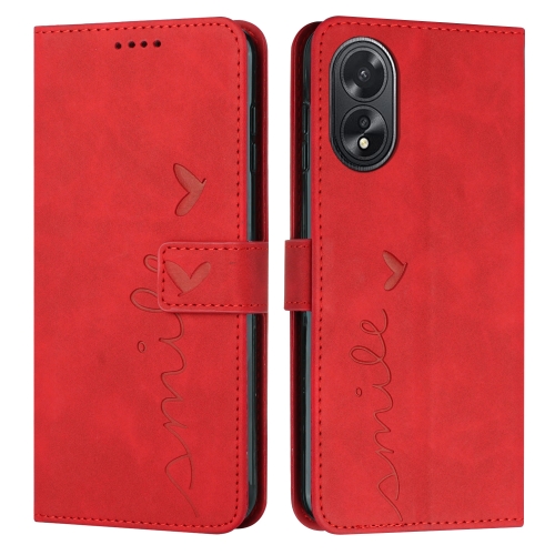 

For OPPO A38 / Oppo A18 Skin Feel Heart Embossed Leather Phone Case with Long Lanyard(Red)