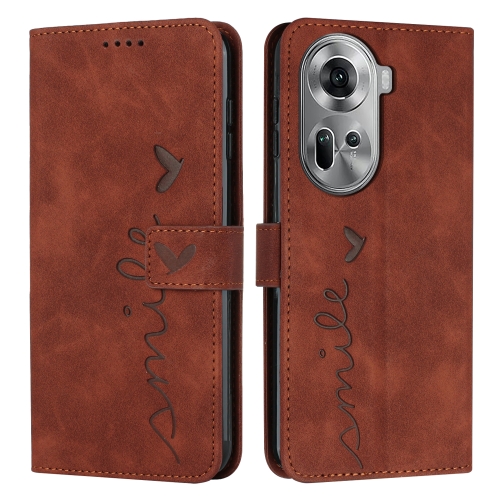 

For OPPO Reno11 5G Global Skin Feel Heart Embossed Leather Phone Case with Long Lanyard(Brown)