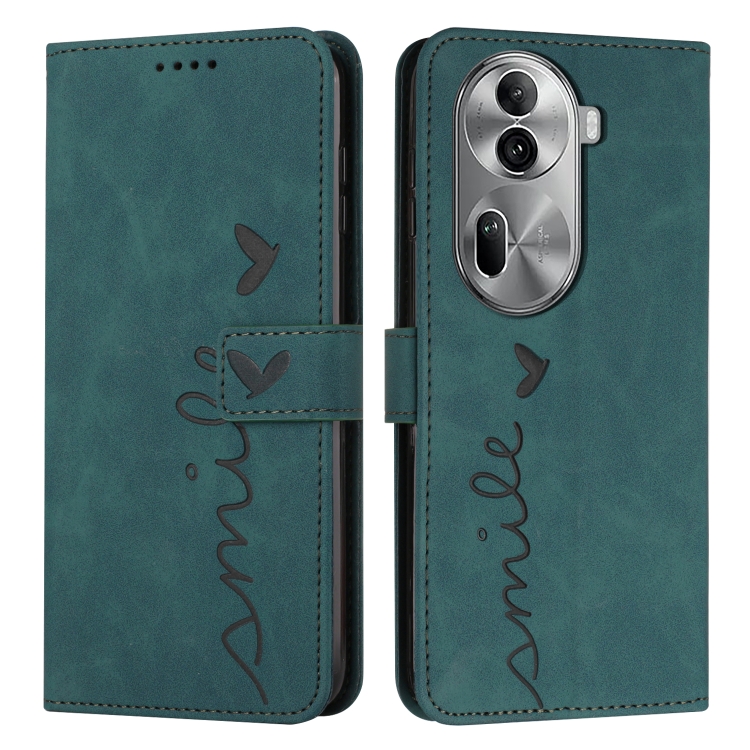 

For OPPO Reno11 Pro Global Skin Feel Heart Embossed Leather Phone Case with Long Lanyard(Green)