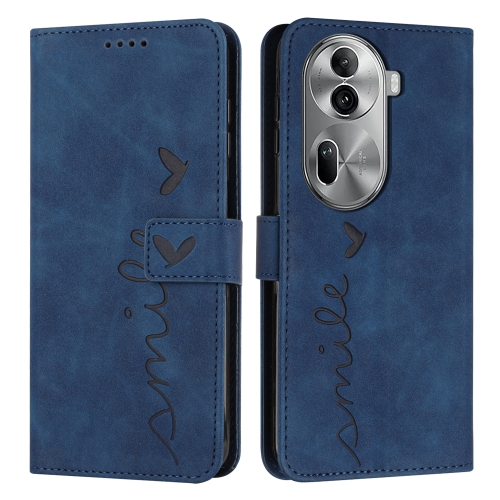 

For OPPO Reno11 Pro Global Skin Feel Heart Embossed Leather Phone Case with Long Lanyard(Blue)