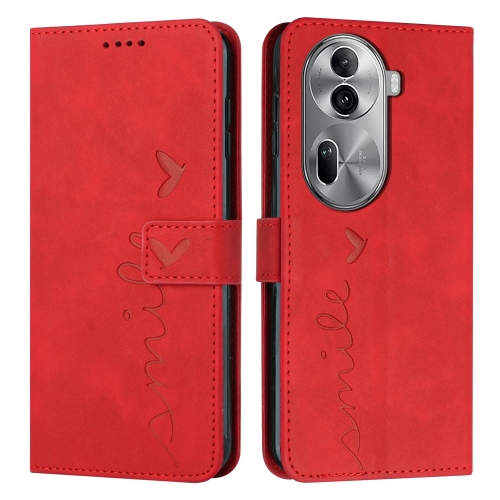

For OPPO Reno11 Pro Global Skin Feel Heart Embossed Leather Phone Case with Long Lanyard(Red)