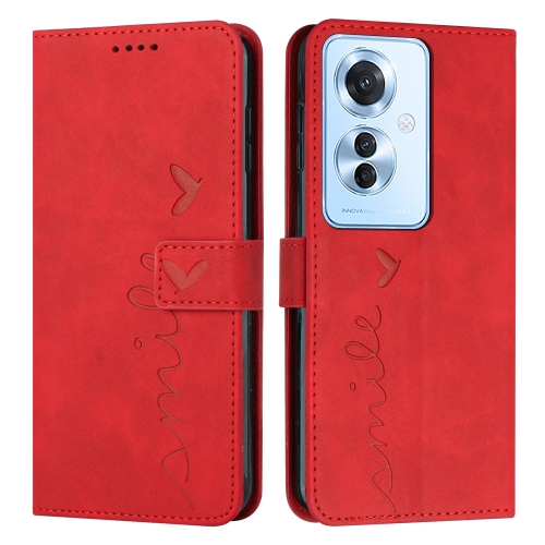 

For OPPO Reno11 F Skin Feel Heart Embossed Leather Phone Case with Long Lanyard(Red)