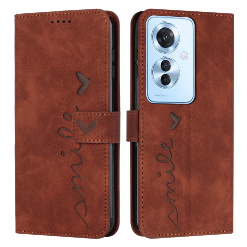 

For OPPO Reno11 F Skin Feel Heart Embossed Leather Phone Case with Long Lanyard(Brown)