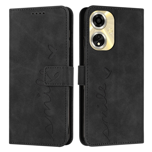 

For OPPO A59 Skin Feel Heart Embossed Leather Phone Case with Long Lanyard(Black)
