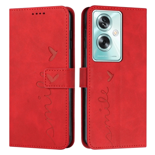 

For OPPO A79 5G Skin Feel Heart Embossed Leather Phone Case with Long Lanyard(Red)