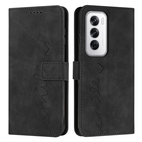 

For OPPO Reno12 5G Global Skin Feel Heart Embossed Leather Phone Case with Long Lanyard(Black)