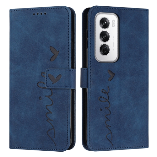 

For OPPO Reno12 5G Global Skin Feel Heart Embossed Leather Phone Case with Long Lanyard(Blue)