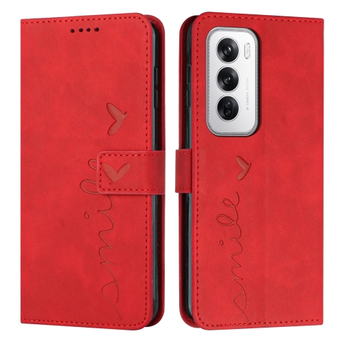 

For OPPO Reno12 5G Global Skin Feel Heart Embossed Leather Phone Case with Long Lanyard(Red)