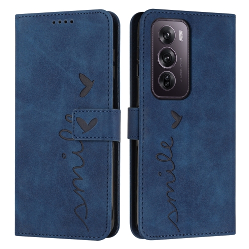 

For OPPO Reno12 Pro Global Skin Feel Heart Embossed Leather Phone Case with Long Lanyard(Blue)