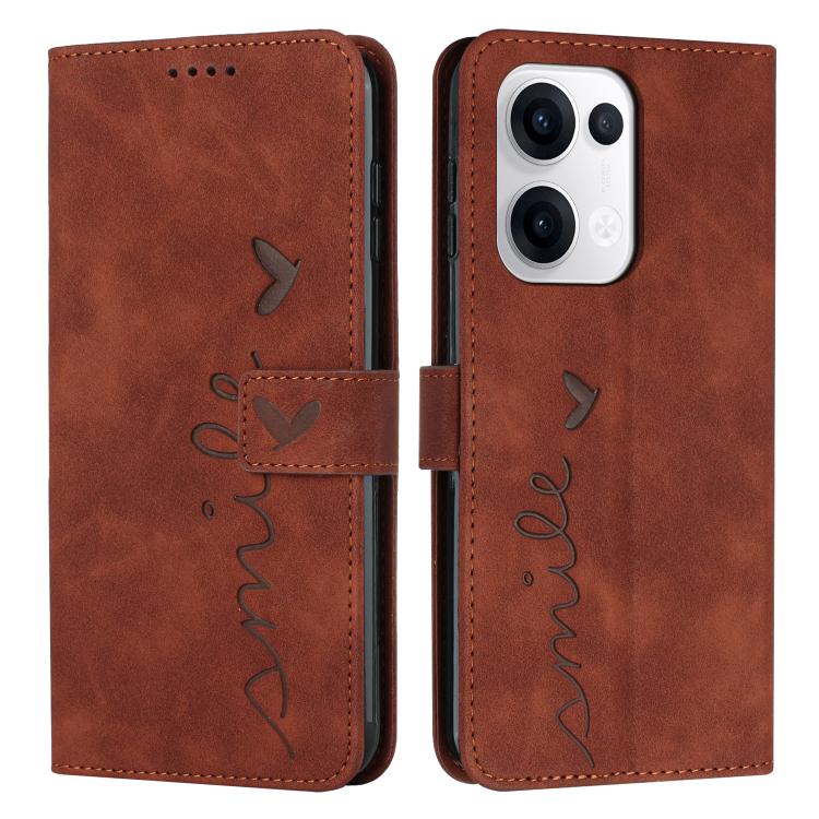 

For OPPO Reno13 5G Global Skin Feel Heart Embossed Leather Phone Case with Long Lanyard(Brown)