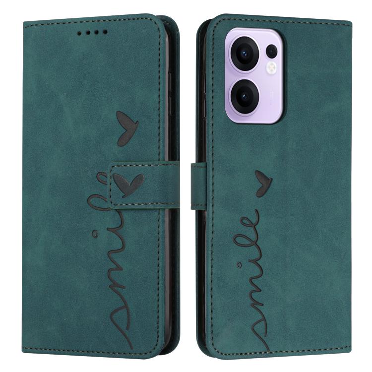 

For OPPO Reno13 F 5G / 4G Skin Feel Heart Embossed Leather Phone Case with Long Lanyard(Green)