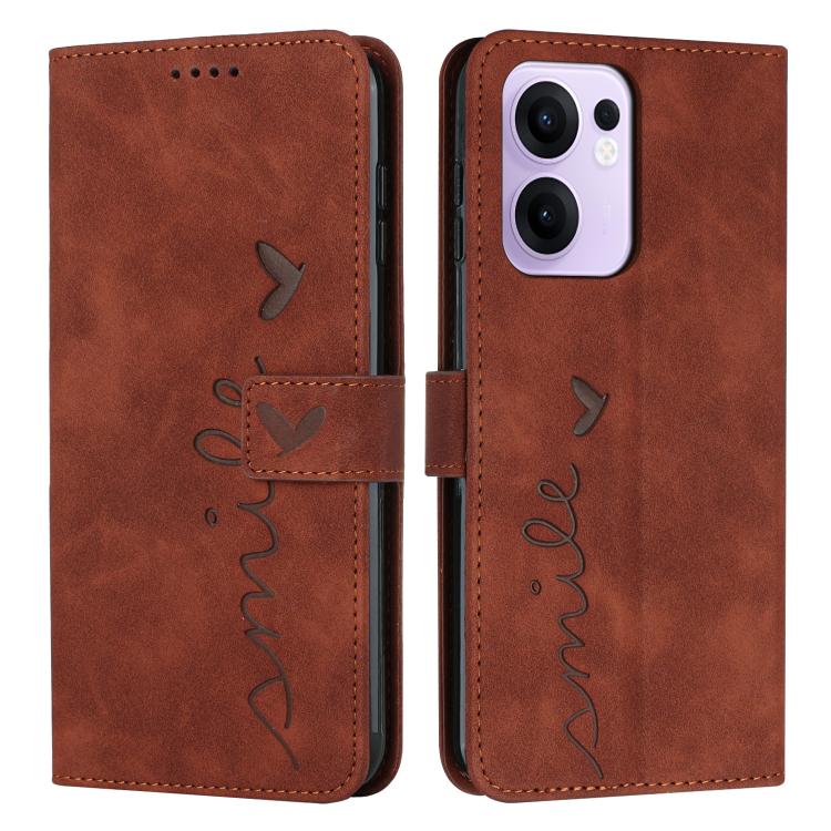 

For OPPO Reno13 F 5G / 4G Skin Feel Heart Embossed Leather Phone Case with Long Lanyard(Brown)