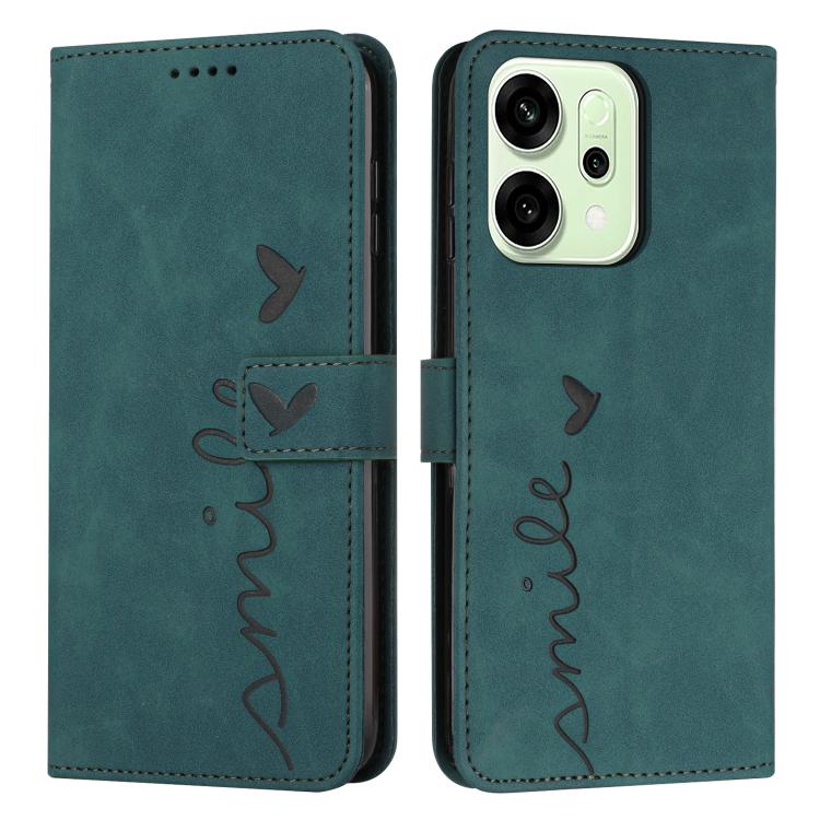 

For OPPO Reno14 Pro Global Skin Feel Heart Embossed Leather Phone Case with Long Lanyard(Green)