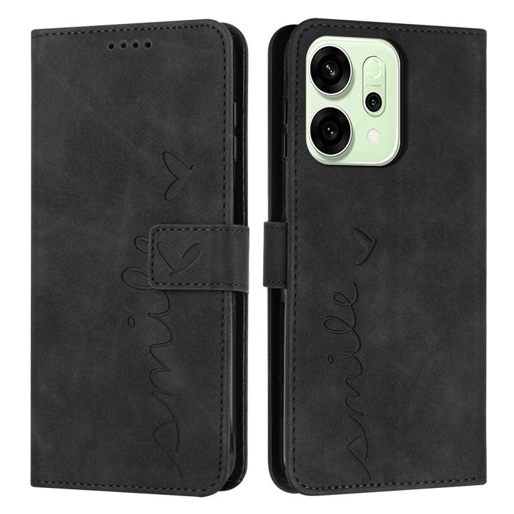 

For OPPO Reno14 Pro Global Skin Feel Heart Embossed Leather Phone Case with Long Lanyard(Black)