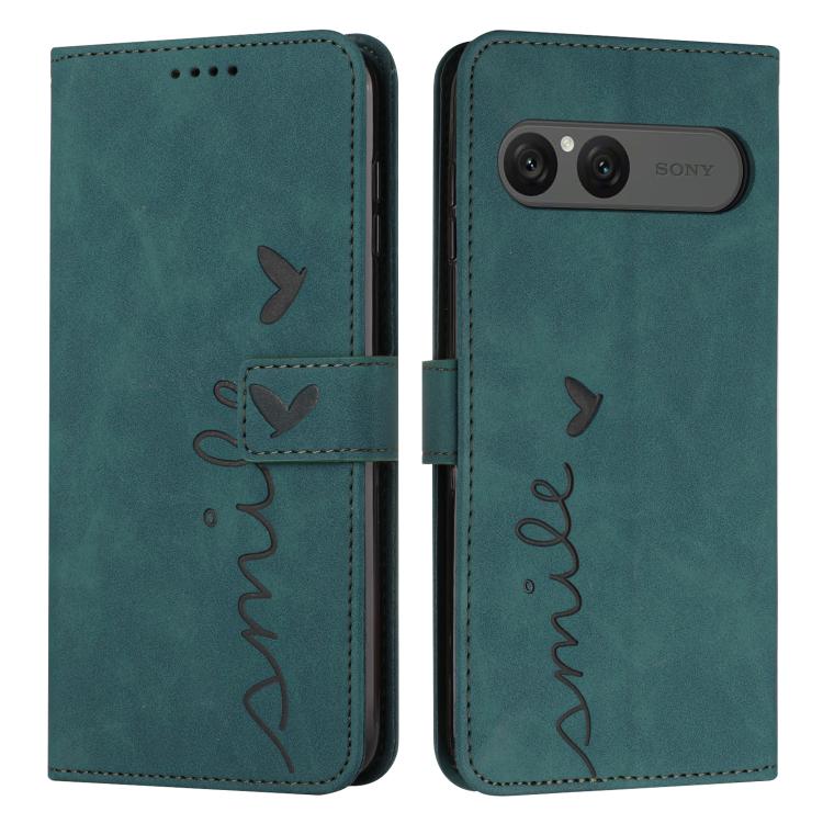 

For Sony Xperia 10 VII Skin Feel Heart Embossed Leather Phone Case with Long Lanyard(Green)