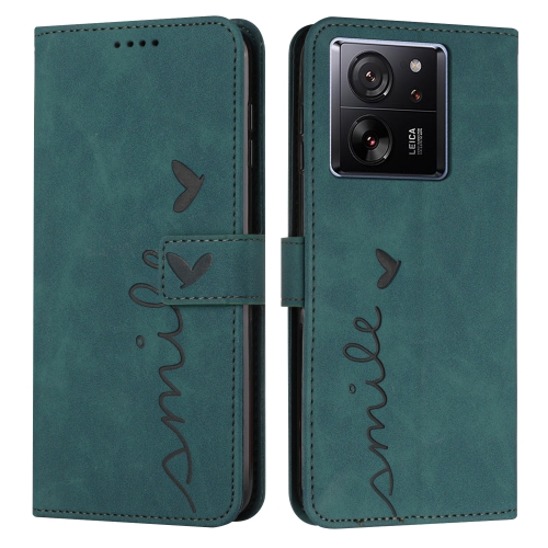 

For Xiaomi 13T / Xiaomi 13T Pro Skin Feel Heart Embossed Leather Phone Case with Long Lanyard(Green)