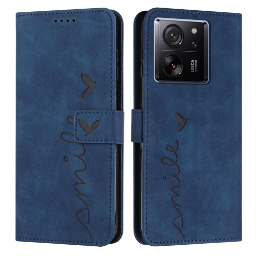 

For Xiaomi 13T / Xiaomi 13T Pro Skin Feel Heart Embossed Leather Phone Case with Long Lanyard(Blue)