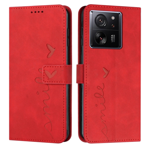 

For Xiaomi 13T / Xiaomi 13T Pro Skin Feel Heart Embossed Leather Phone Case with Long Lanyard(Red)