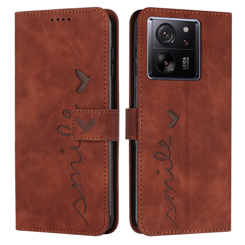 

For Xiaomi 13T / Xiaomi 13T Pro Skin Feel Heart Embossed Leather Phone Case with Long Lanyard(Brown)