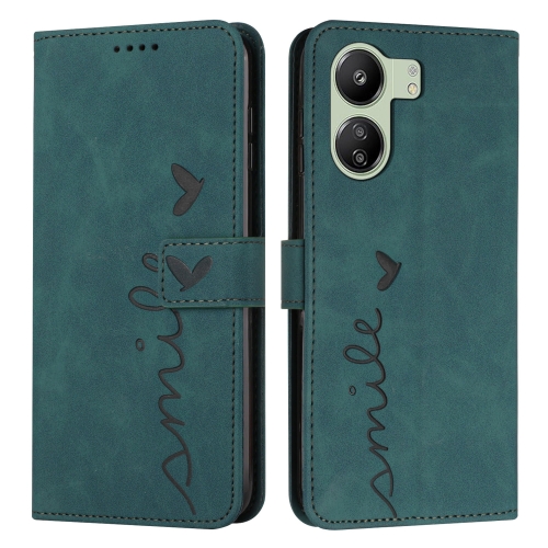

For Xiaomi Redmi 13C Skin Feel Heart Embossed Leather Phone Case with Long Lanyard(Green)