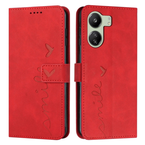 

For Xiaomi Redmi 13C Skin Feel Heart Embossed Leather Phone Case with Long Lanyard(Red)