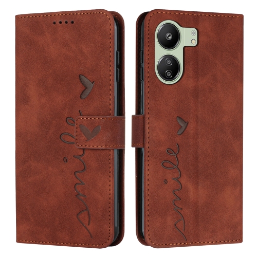 

For Xiaomi Redmi 13C Skin Feel Heart Embossed Leather Phone Case with Long Lanyard(Brown)