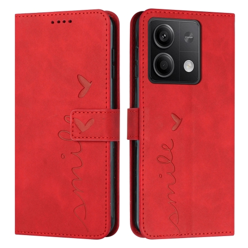 

For Xiaomi Redmi Note 13 Skin Feel Heart Embossed Leather Phone Case with Long Lanyard(Red)