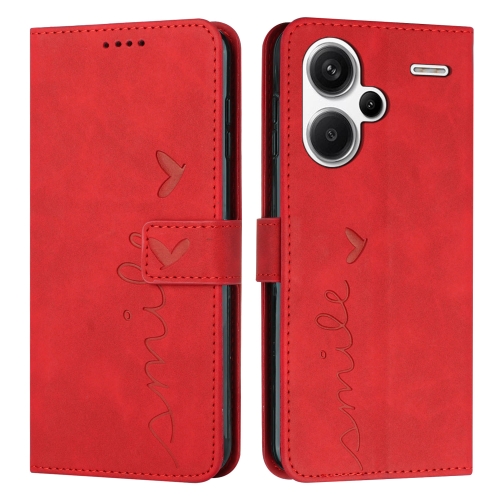 

For Xiaomi Redmi Note 13 Pro+ Skin Feel Heart Embossed Leather Phone Case with Long Lanyard(Red)
