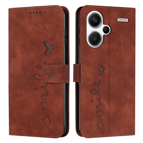 

For Xiaomi Redmi Note 13 Pro+ Skin Feel Heart Embossed Leather Phone Case with Long Lanyard(Brown)