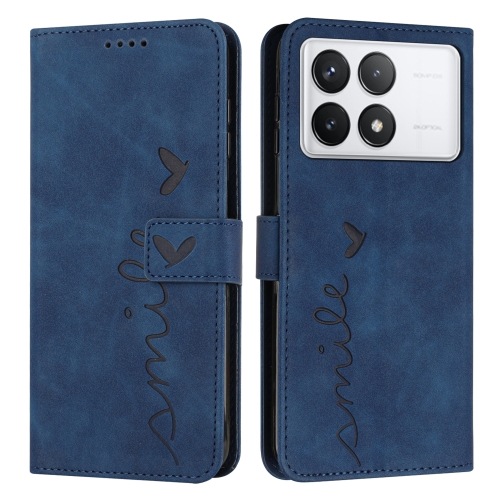 

For Xiaomi Redmi K70E Skin Feel Heart Embossed Leather Phone Case with Long Lanyard(Blue)