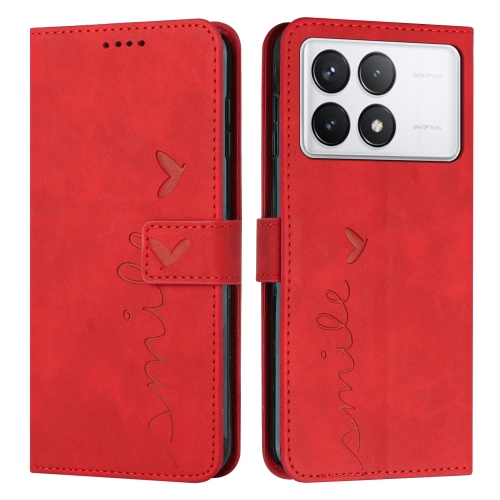 

For Xiaomi Redmi K70E Skin Feel Heart Embossed Leather Phone Case with Long Lanyard(Red)