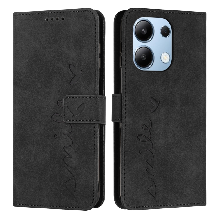 

For Xiaomi Redmi Note 13 4G Global Skin Feel Heart Embossed Leather Phone Case with Long Lanyard(Black)