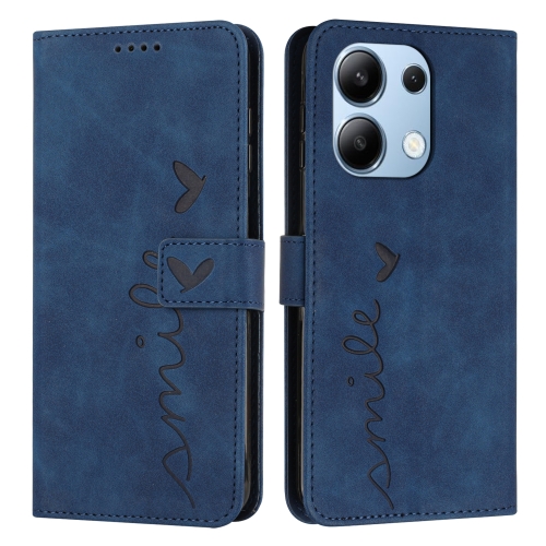 

For Xiaomi Redmi Note 13 4G Global Skin Feel Heart Embossed Leather Phone Case with Long Lanyard(Blue)