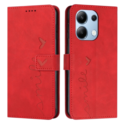 

For Xiaomi Redmi Note 13 4G Global Skin Feel Heart Embossed Leather Phone Case with Long Lanyard(Red)
