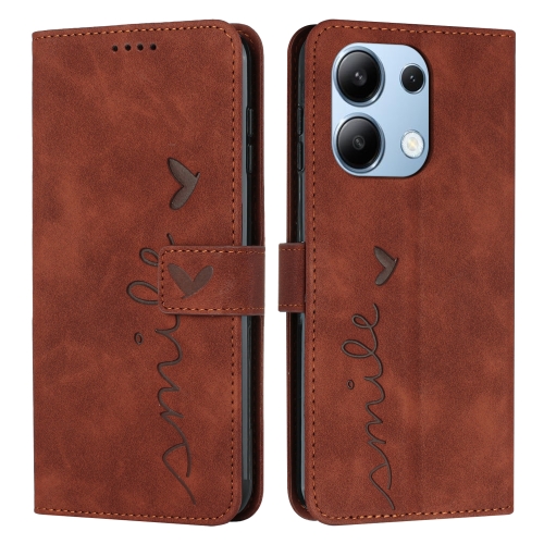 

For Xiaomi Redmi Note 13 4G Global Skin Feel Heart Embossed Leather Phone Case with Long Lanyard(Brown)