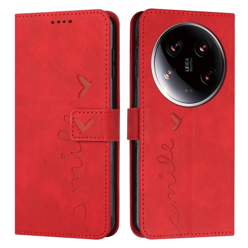 

For Xiaomi 14 Ultra Skin Feel Heart Embossed Leather Phone Case with Long Lanyard(Red)