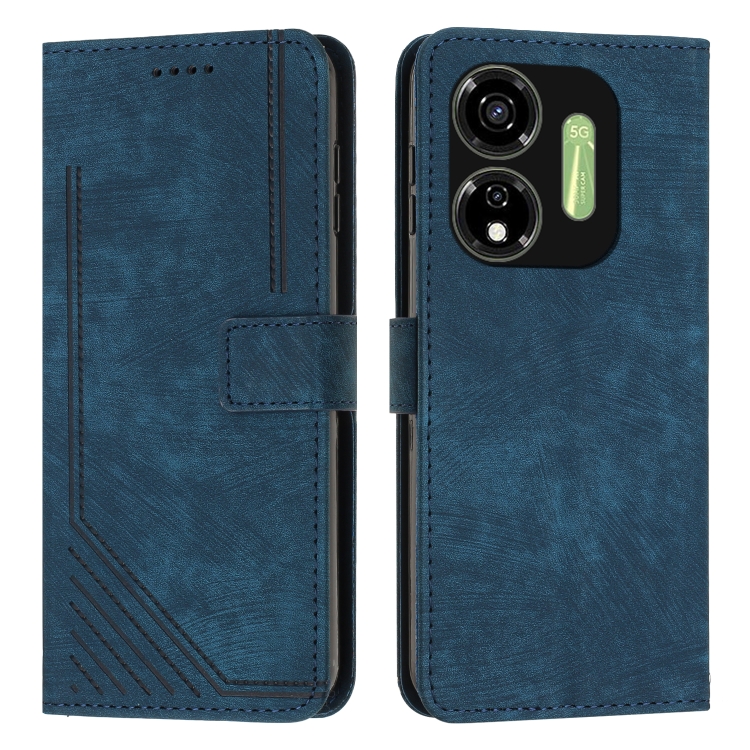

For itel P55 5G Skin Feel Stripe Pattern Leather Phone Case with Lanyard(Blue)