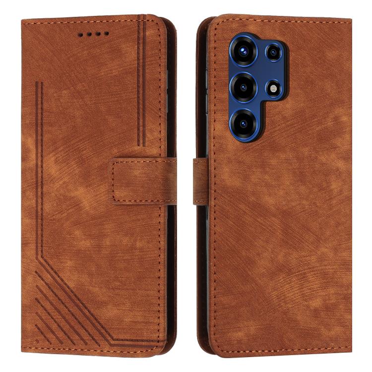 

For itel Super 26 Ultra Skin Feel Stripe Pattern Leather Phone Case with Lanyard(Brown)