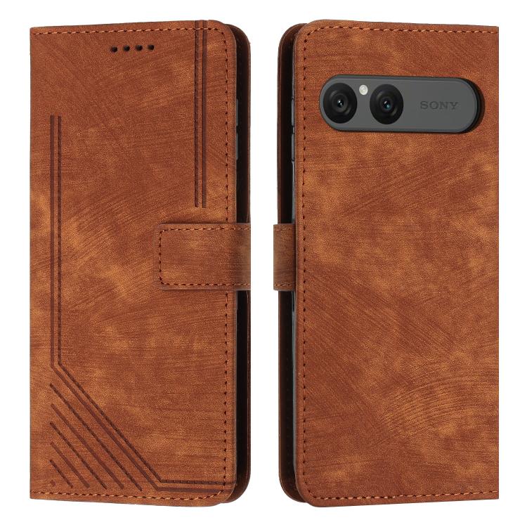 

For Sony Xperia 10 VII Skin Feel Stripe Pattern Leather Phone Case with Lanyard(Brown)