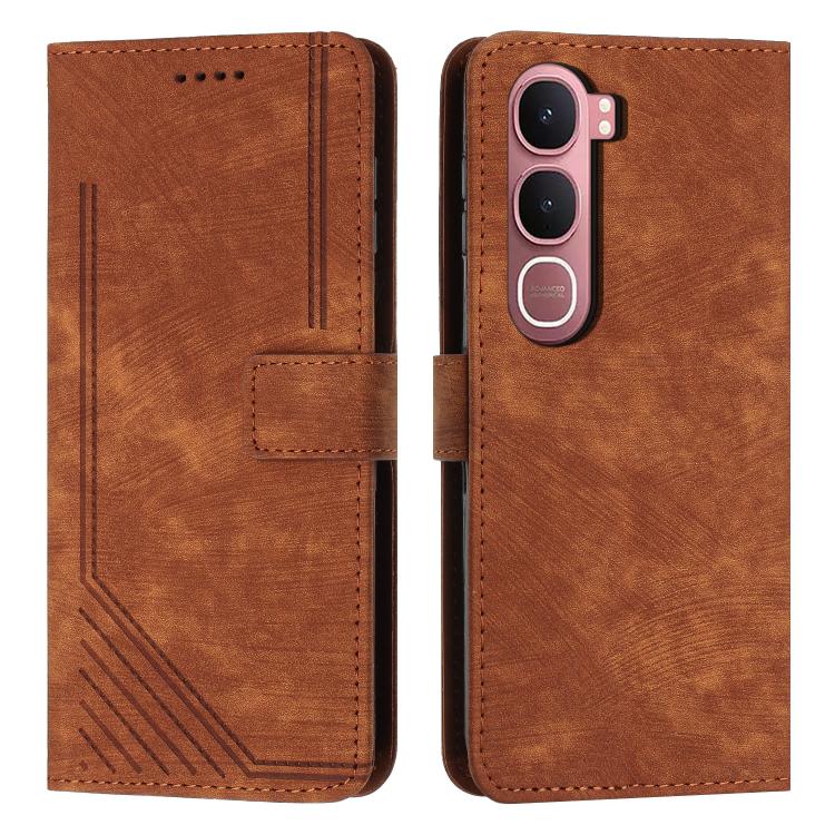 

For vivo Y31 5G 2025 Skin Feel Stripe Pattern Leather Phone Case with Lanyard(Brown)