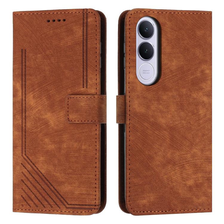 

For vivo V70 FE 5G Skin Feel Stripe Pattern Leather Phone Case with Lanyard(Brown)